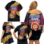 Personalized Brisbane Lions Football Family Matching Off Shoulder Short Dress and Hawaiian Shirt Easter Egg Pattern Maroon Gold Tribal Dot Art Style