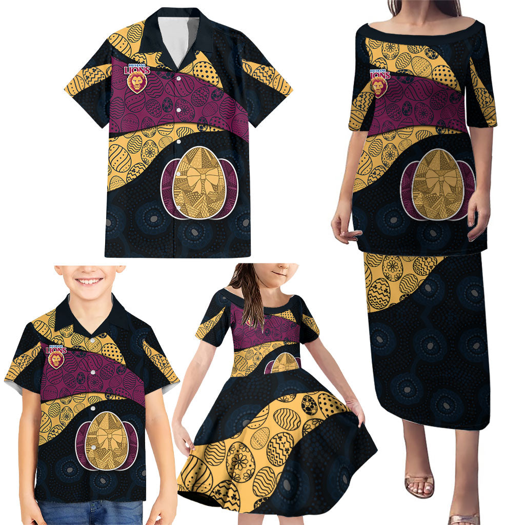 Personalized Brisbane Lions Football Family Matching Puletasi and Hawaiian Shirt Easter Egg Pattern Maroon Gold Tribal Dot Art Style