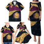 Personalized Brisbane Lions Football Family Matching Puletasi and Hawaiian Shirt Easter Egg Pattern Maroon Gold Tribal Dot Art Style