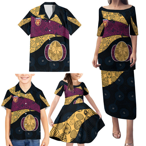 Personalized Brisbane Lions Football Family Matching Puletasi and Hawaiian Shirt Easter Egg Pattern Maroon Gold Tribal Dot Art Style