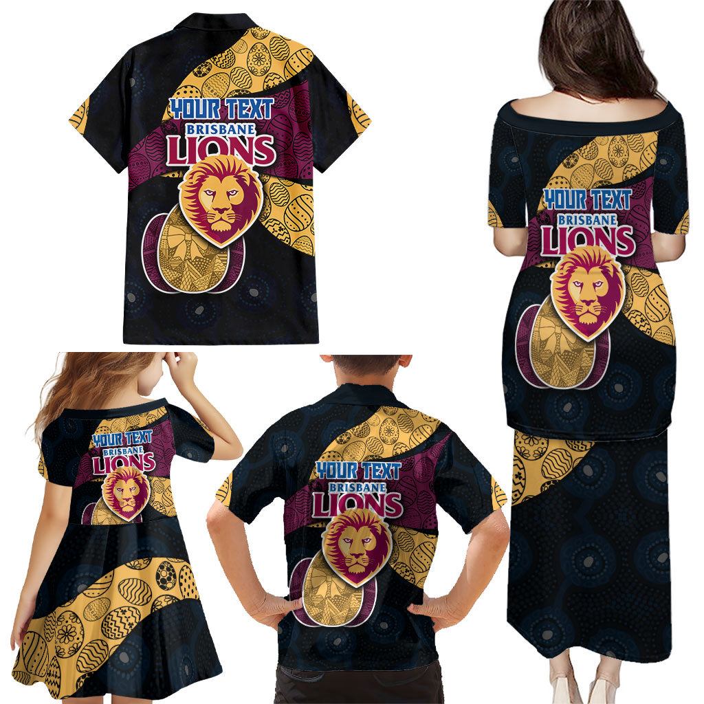 Personalized Brisbane Lions Football Family Matching Puletasi and Hawaiian Shirt Easter Egg Pattern Maroon Gold Tribal Dot Art Style