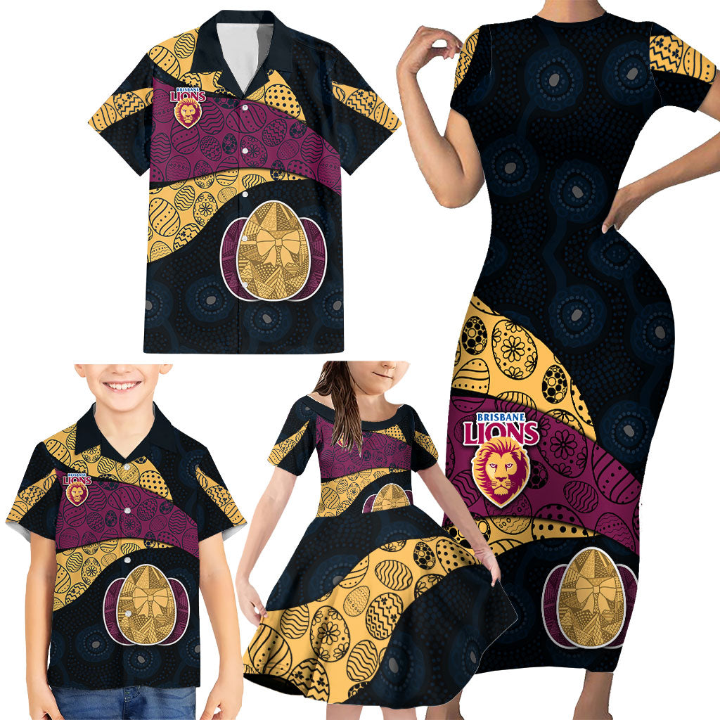 Personalized Brisbane Lions Football Family Matching Short Sleeve Bodycon Dress and Hawaiian Shirt Easter Egg Pattern Maroon Gold Tribal Dot Art Style