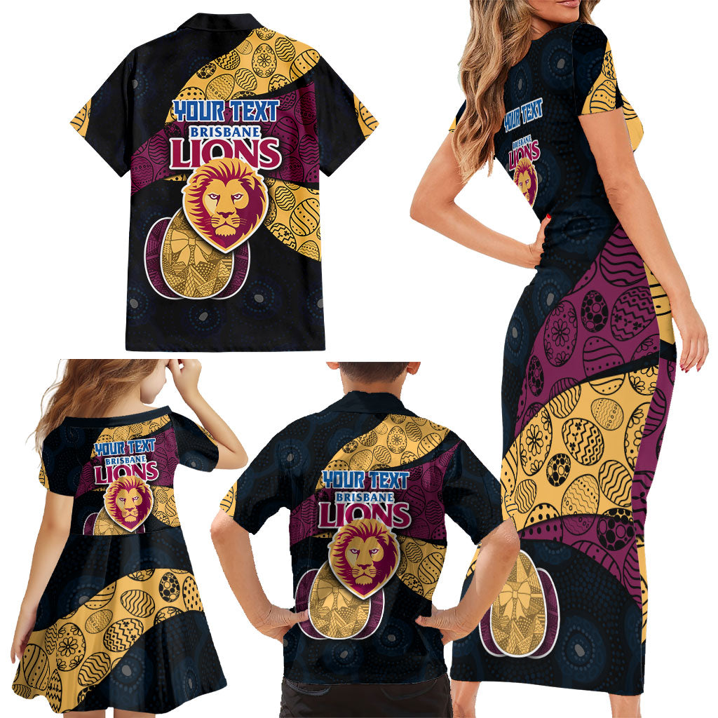 Personalized Brisbane Lions Football Family Matching Short Sleeve Bodycon Dress and Hawaiian Shirt Easter Egg Pattern Maroon Gold Tribal Dot Art Style
