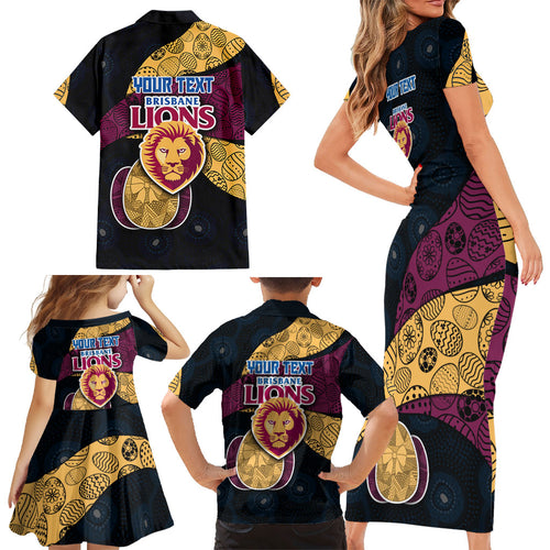 Personalized Brisbane Lions Football Family Matching Short Sleeve Bodycon Dress and Hawaiian Shirt Easter Egg Pattern Maroon Gold Tribal Dot Art Style