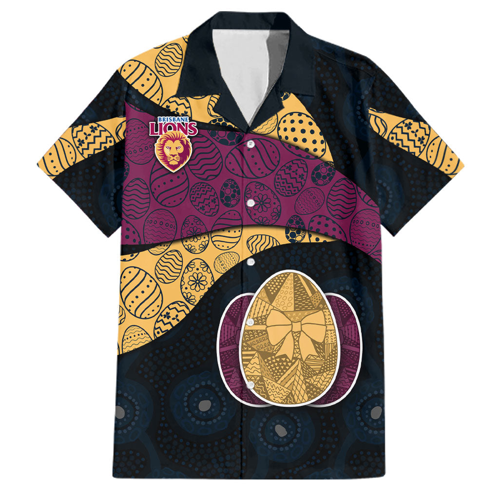 Personalized Brisbane Lions Football Family Matching Short Sleeve Bodycon Dress and Hawaiian Shirt Easter Egg Pattern Maroon Gold Tribal Dot Art Style