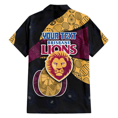 Personalized Brisbane Lions Football Family Matching Short Sleeve Bodycon Dress and Hawaiian Shirt Easter Egg Pattern Maroon Gold Tribal Dot Art Style