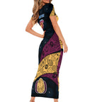Personalized Brisbane Lions Football Family Matching Short Sleeve Bodycon Dress and Hawaiian Shirt Easter Egg Pattern Maroon Gold Tribal Dot Art Style