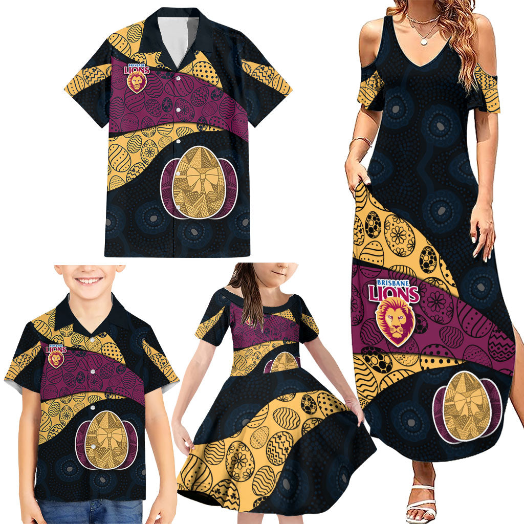 Personalized Brisbane Lions Football Family Matching Summer Maxi Dress and Hawaiian Shirt Easter Egg Pattern Maroon Gold Tribal Dot Art Style