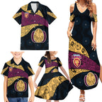 Personalized Brisbane Lions Football Family Matching Summer Maxi Dress and Hawaiian Shirt Easter Egg Pattern Maroon Gold Tribal Dot Art Style