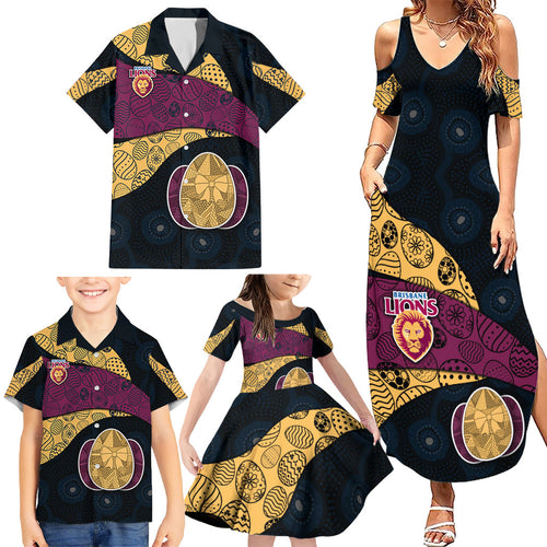 Personalized Brisbane Lions Football Family Matching Summer Maxi Dress and Hawaiian Shirt Easter Egg Pattern Maroon Gold Tribal Dot Art Style