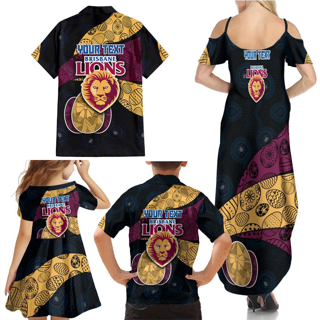 Personalized Brisbane Lions Football Family Matching Summer Maxi Dress and Hawaiian Shirt Easter Egg Pattern Maroon Gold Tribal Dot Art Style