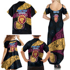 Personalized Brisbane Lions Football Family Matching Summer Maxi Dress and Hawaiian Shirt Easter Egg Pattern Maroon Gold Tribal Dot Art Style