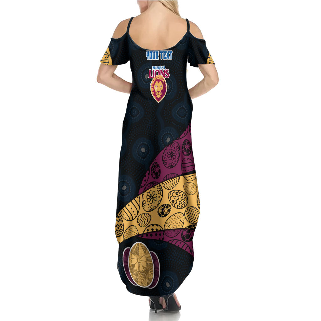 Personalized Brisbane Lions Football Family Matching Summer Maxi Dress and Hawaiian Shirt Easter Egg Pattern Maroon Gold Tribal Dot Art Style