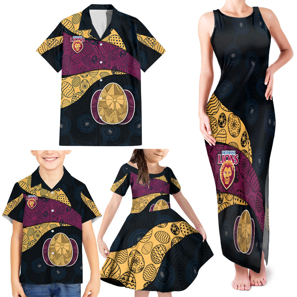 Personalized Brisbane Lions Football Family Matching Tank Maxi Dress and Hawaiian Shirt Easter Egg Pattern Maroon Gold Tribal Dot Art Style