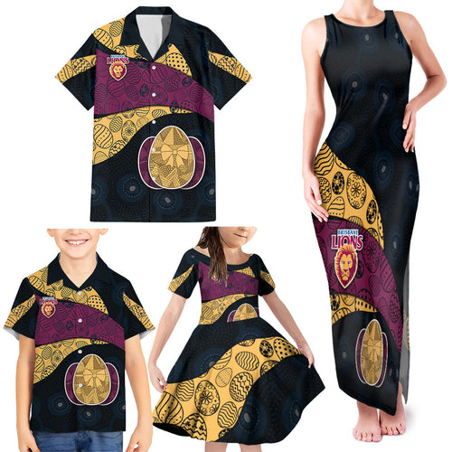 Personalized Brisbane Lions Football Family Matching Tank Maxi Dress and Hawaiian Shirt Easter Egg Pattern Maroon Gold Tribal Dot Art Style