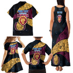 Personalized Brisbane Lions Football Family Matching Tank Maxi Dress and Hawaiian Shirt Easter Egg Pattern Maroon Gold Tribal Dot Art Style