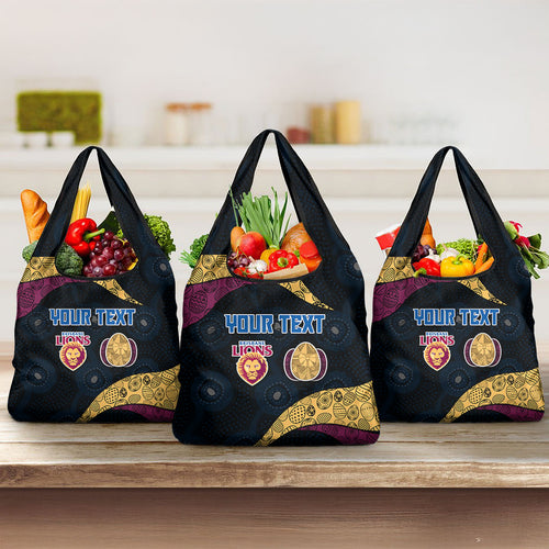 Personalized Brisbane Lions Football Grocery Bag Easter Egg Pattern Maroon Gold Tribal Dot Art Style