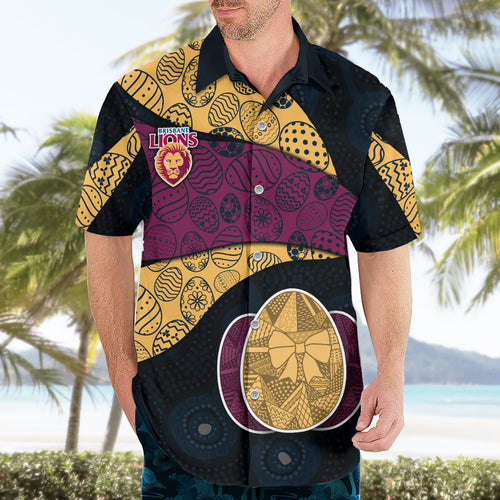 Personalized Brisbane Lions Football Hawaiian Shirt Easter Egg Pattern Maroon Gold Tribal Dot Art Style