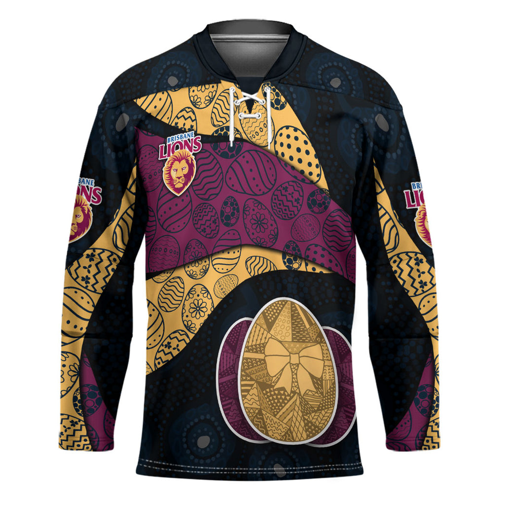 Personalized Brisbane Lions Football Hockey Jersey Easter Egg Pattern Maroon Gold Tribal Dot Art Style