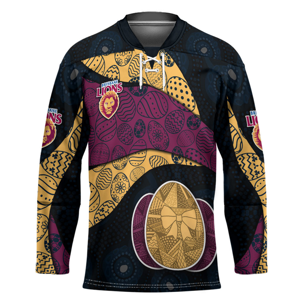 Personalized Brisbane Lions Football Hockey Jersey Easter Egg Pattern Maroon Gold Tribal Dot Art Style