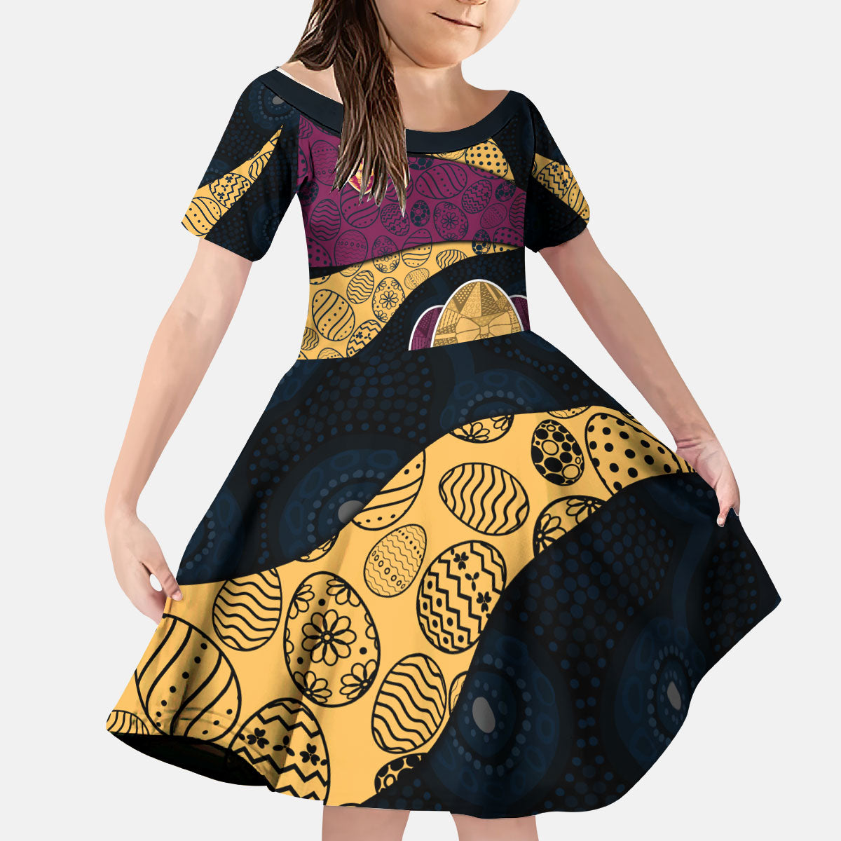 Personalized Brisbane Lions Football Kid Short Sleeve Dress Easter Egg Pattern Maroon Gold Tribal Dot Art Style