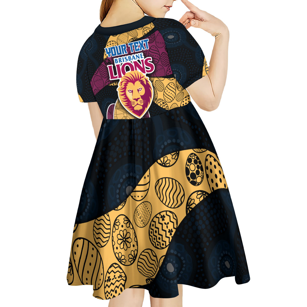 Personalized Brisbane Lions Football Kid Short Sleeve Dress Easter Egg Pattern Maroon Gold Tribal Dot Art Style