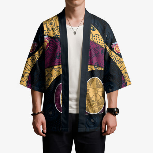 Personalized Brisbane Lions Football Kimono Easter Egg Pattern Maroon Gold Tribal Dot Art Style