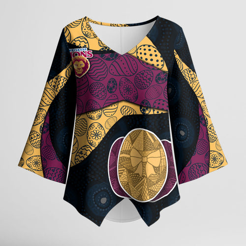 Personalized Brisbane Lions Football Kimono Sleeve Blouse Easter Egg Pattern Maroon Gold Tribal Dot Art Style