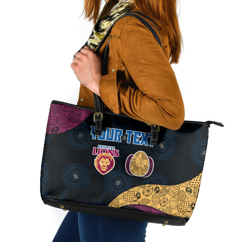 Personalized Brisbane Lions Football Leather Tote Bag Easter Egg Pattern Maroon Gold Tribal Dot Art Style