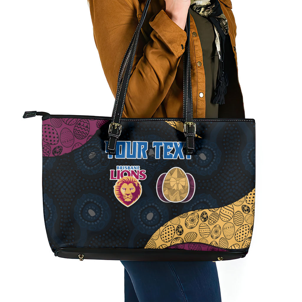 Personalized Brisbane Lions Football Leather Tote Bag Easter Egg Pattern Maroon Gold Tribal Dot Art Style