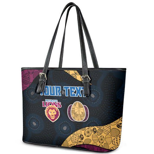 Personalized Brisbane Lions Football Leather Tote Bag Easter Egg Pattern Maroon Gold Tribal Dot Art Style
