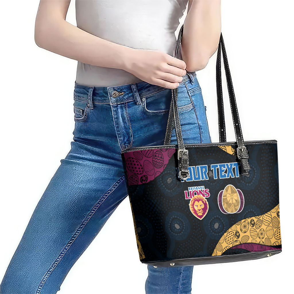 Personalized Brisbane Lions Football Leather Tote Bag Easter Egg Pattern Maroon Gold Tribal Dot Art Style
