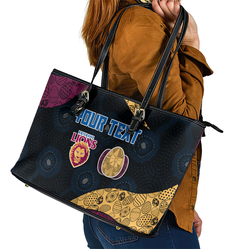 Personalized Brisbane Lions Football Leather Tote Bag Easter Egg Pattern Maroon Gold Tribal Dot Art Style