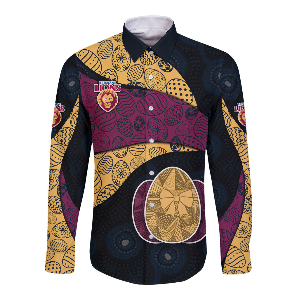 Personalized Brisbane Lions Football Long Sleeve Button Shirt Easter Egg Pattern Maroon Gold Tribal Dot Art Style