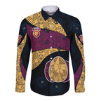 Personalized Brisbane Lions Football Long Sleeve Button Shirt Easter Egg Pattern Maroon Gold Tribal Dot Art Style