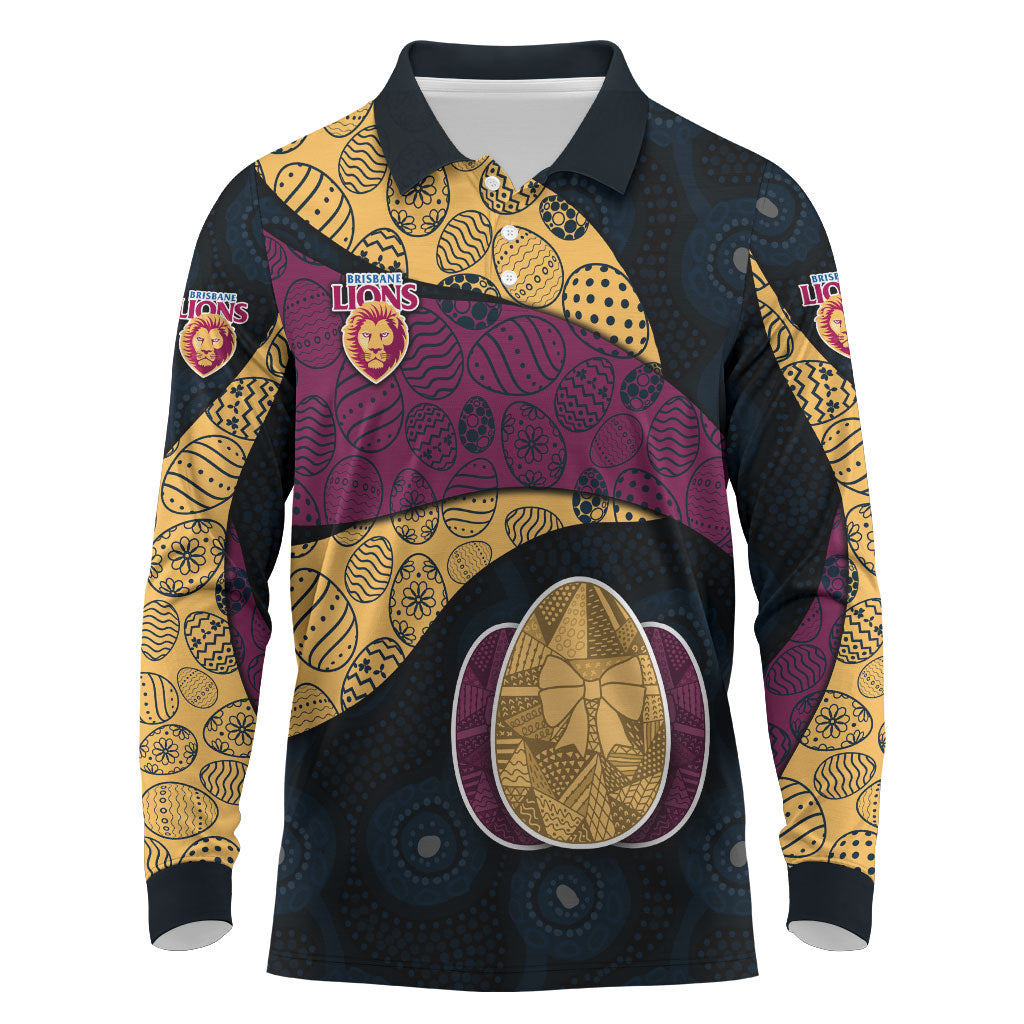 Personalized Brisbane Lions Football Long Sleeve Polo Shirt Easter Egg Pattern Maroon Gold Tribal Dot Art Style