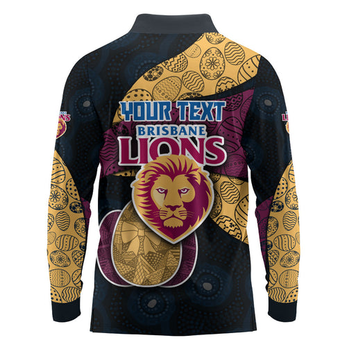 Personalized Brisbane Lions Football Long Sleeve Polo Shirt Easter Egg Pattern Maroon Gold Tribal Dot Art Style