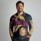 Personalized Brisbane Lions Football Long Sleeve Polo Shirt Easter Egg Pattern Maroon Gold Tribal Dot Art Style