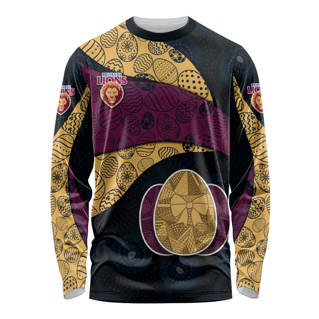 Personalized Brisbane Lions Football Long Sleeve Shirt Easter Egg Pattern Maroon Gold Tribal Dot Art Style