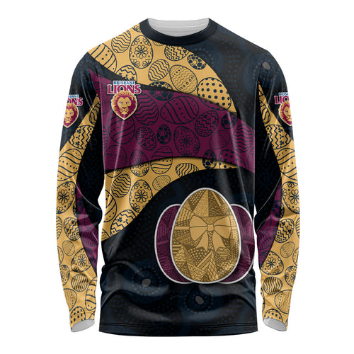 Personalized Brisbane Lions Football Long Sleeve Shirt Easter Egg Pattern Maroon Gold Tribal Dot Art Style
