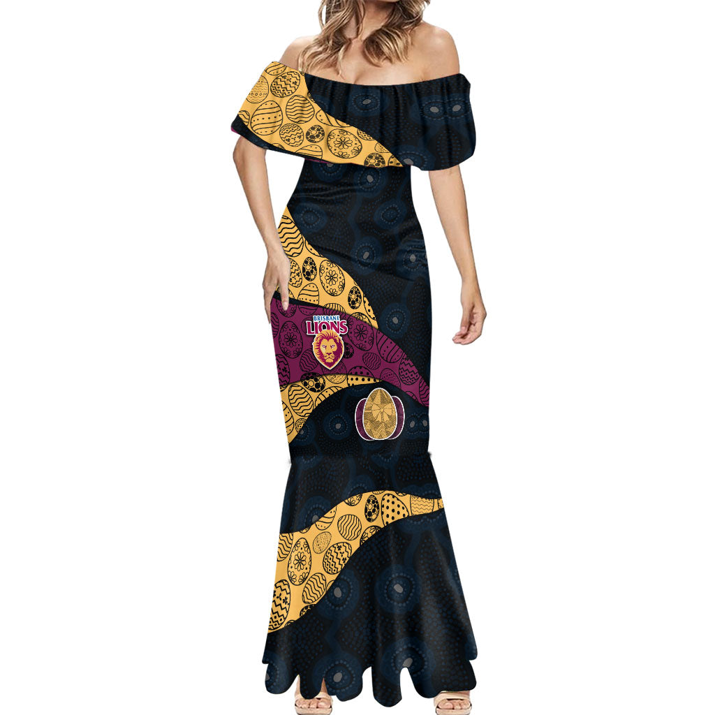 Personalized Brisbane Lions Football Mermaid Dress Easter Egg Pattern Maroon Gold Tribal Dot Art Style