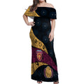 Personalized Brisbane Lions Football Off Shoulder Maxi Dress Easter Egg Pattern Maroon Gold Tribal Dot Art Style