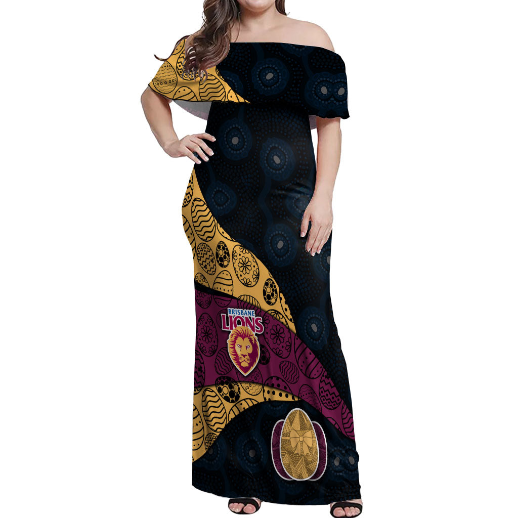 Personalized Brisbane Lions Football Off Shoulder Maxi Dress Easter Egg Pattern Maroon Gold Tribal Dot Art Style