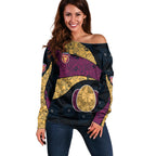 Personalized Brisbane Lions Football Off Shoulder Sweater Easter Egg Pattern Maroon Gold Tribal Dot Art Style