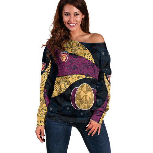 Personalized Brisbane Lions Football Off Shoulder Sweater Easter Egg Pattern Maroon Gold Tribal Dot Art Style