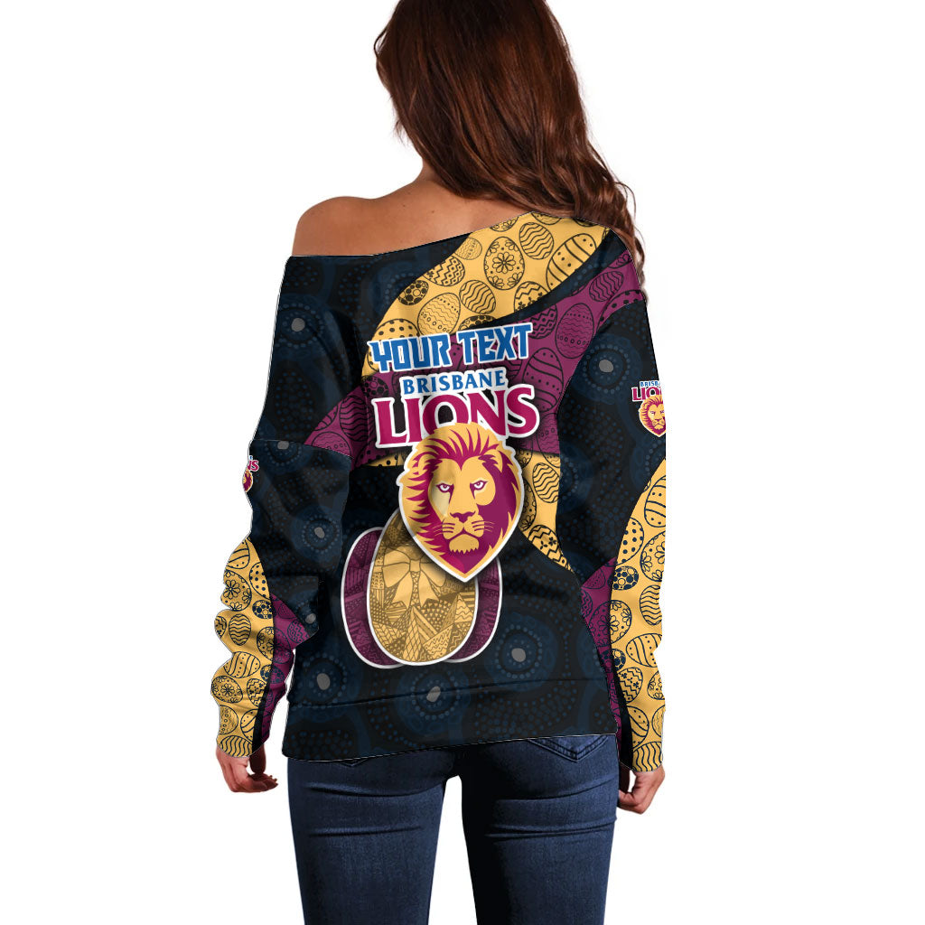 Personalized Brisbane Lions Football Off Shoulder Sweater Easter Egg Pattern Maroon Gold Tribal Dot Art Style