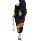 Personalized Brisbane Lions Football Off The Shoulder Long Sleeve Dress Easter Egg Pattern Maroon Gold Tribal Dot Art Style