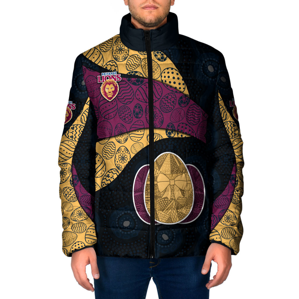 Personalized Brisbane Lions Football Padded Jacket Easter Egg Pattern Maroon Gold Tribal Dot Art Style