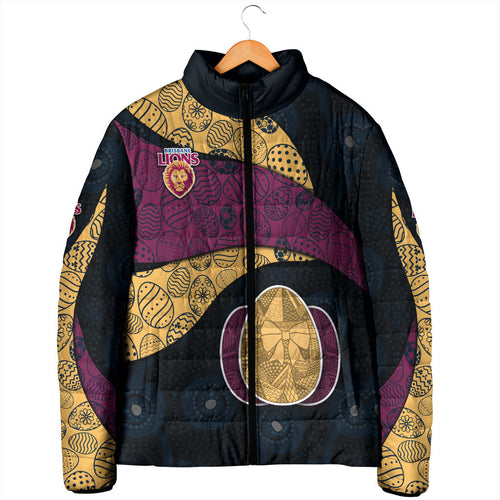 Personalized Brisbane Lions Football Padded Jacket Easter Egg Pattern Maroon Gold Tribal Dot Art Style