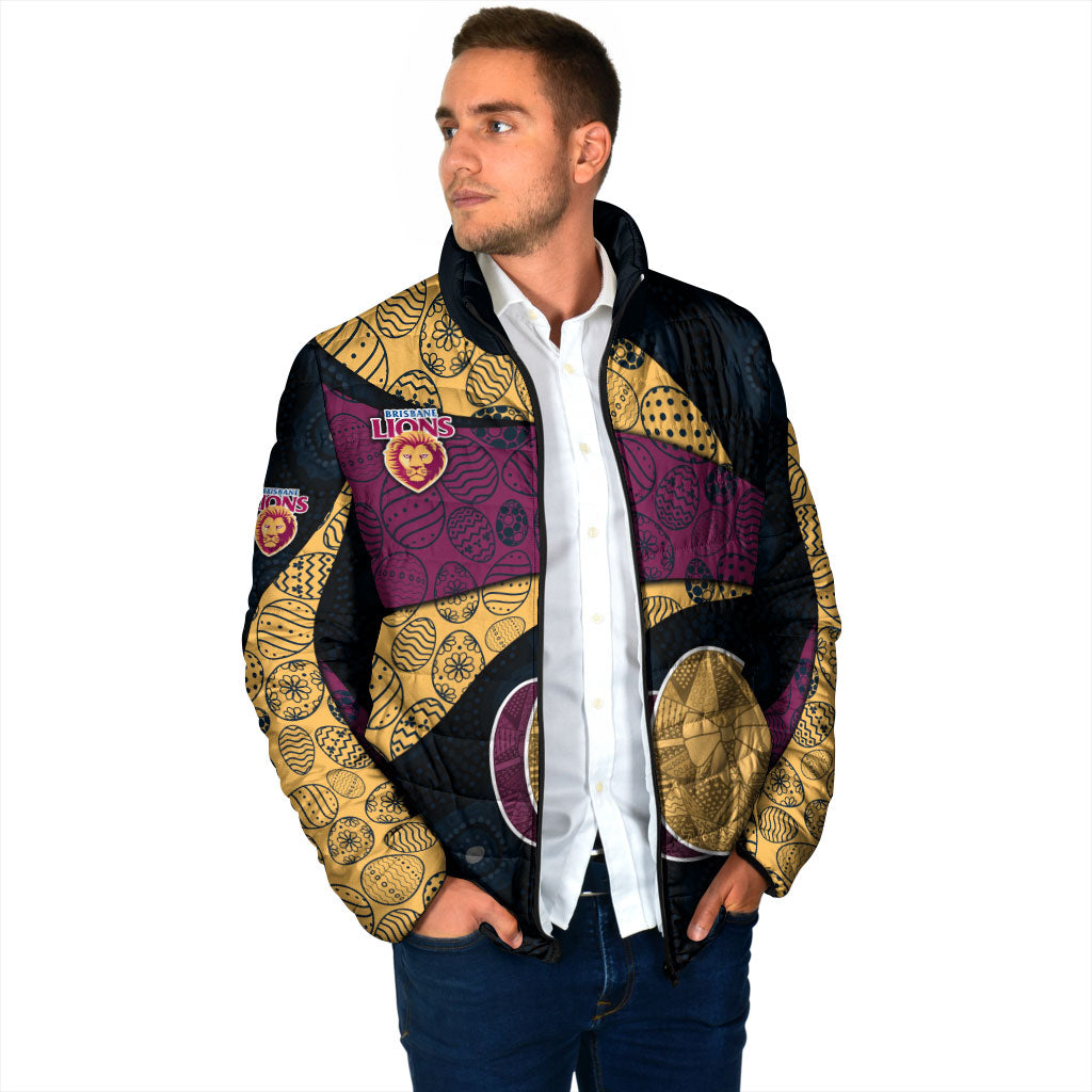 Personalized Brisbane Lions Football Padded Jacket Easter Egg Pattern Maroon Gold Tribal Dot Art Style